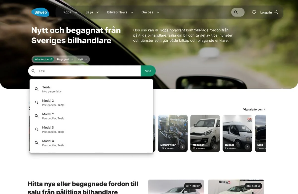 The new Bilwebben start page: a large search field with suggestions for Tesla models as you type, and vehicle types below