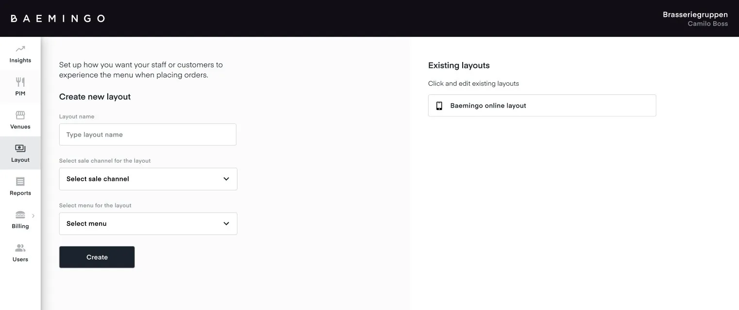 The Layout page with an empty form and a list of existing layouts with Baemingo online layout