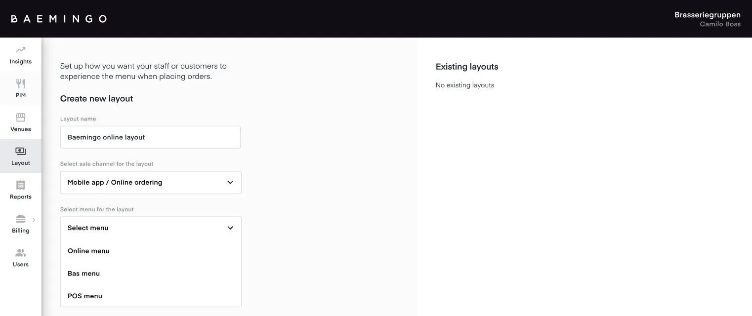 The Layout page with a form: layout name, sale channel Mobile app / Online ordering, and the menu dropdown open with Online menu, Bas menu and POS menu