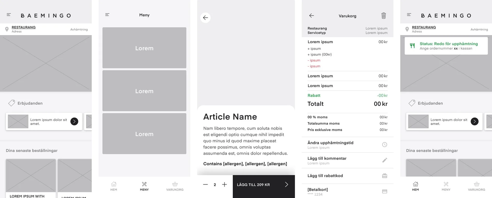 Five screens of the white-label ordering app as a template: start page, menu, item details, cart and the order status Ready for pickup