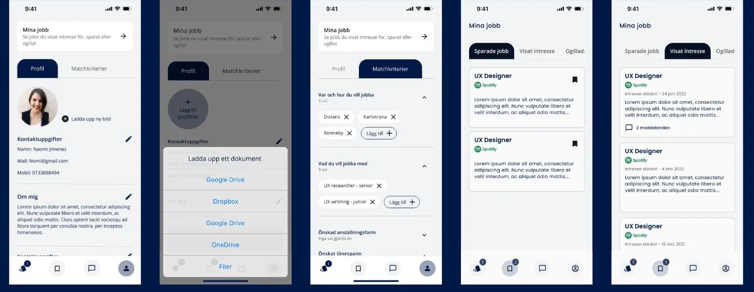 Five phone screens: the profile with photo, contact details and about me, uploading a document, the matching criteria tab, and lists of saved jobs and jobs with shown interest