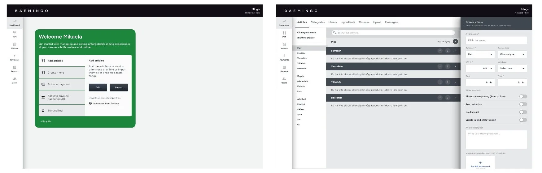 The onboarding guide on the dashboard with Add articles as the first step, and the article editor with a Create article panel