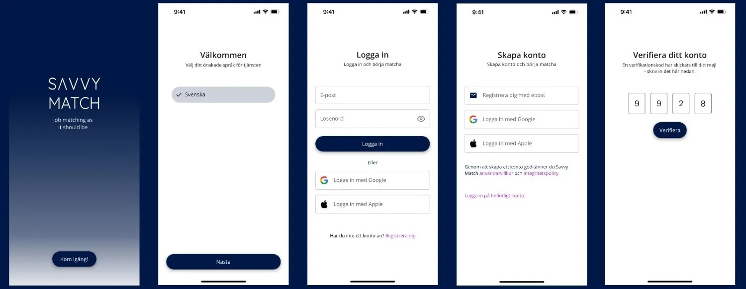 Five phone screens: the Savvy Match start screen, language choice, log in, create account with email, Google or Apple, and a four-digit verification code