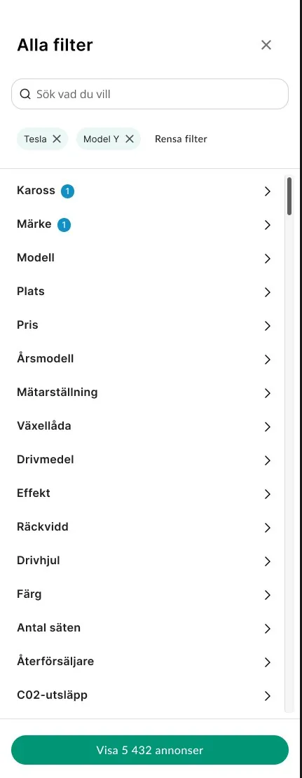 The All filters panel: a search field, the active filters Tesla and Model Y as removable chips, sixteen filter categories with count badges, and a green button showing the number of listings