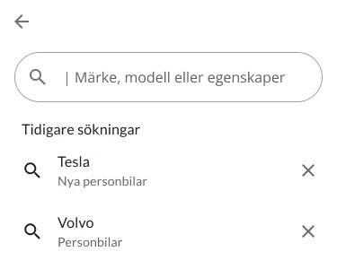 Mobile search showing earlier searches for Tesla and Volvo