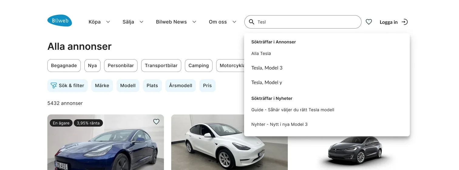 The global search open in the top menu, with suggestions grouped as hits in listings and hits in news