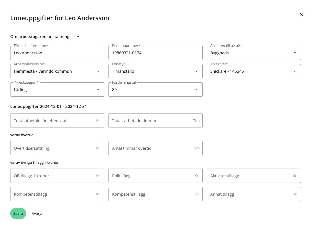 A form with pay details for an employee: total pay and hours worked, then overtime, then other supplements, each in its own group of fields with units