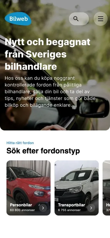 The start page on mobile: the Bilweb logo, a search button and menu over a photo, a headline, and vehicle types to browse as cards