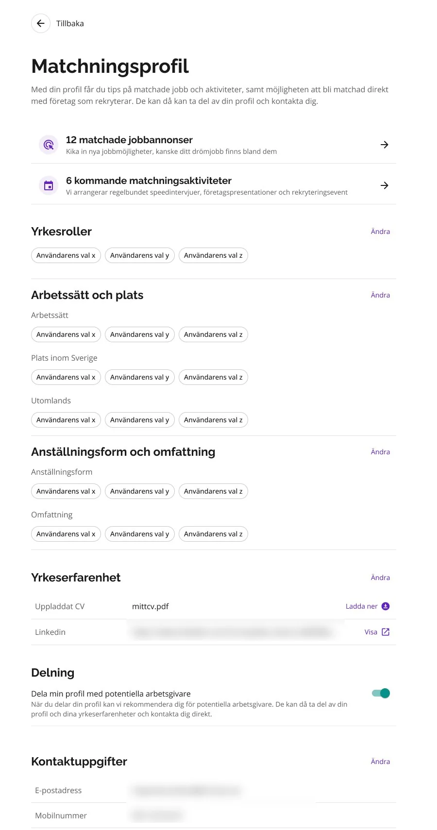 The created match profile: the number of matched job ads and coming activities at the top, then each section with the choices as chips and a Change link