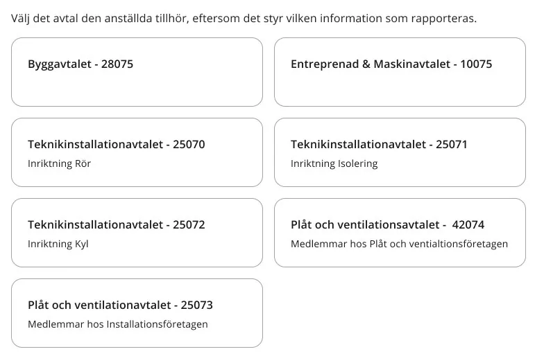 Seven cards, one per collective agreement, such as Byggavtalet and Teknikinstallationsavtalet with their numbers and specialisations