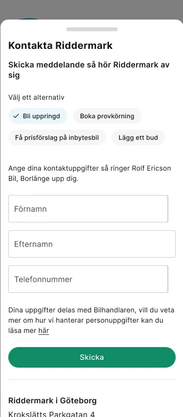 A bottom sheet on mobile titled Contact Riddermark, with four options such as Get a call and Book a test drive, three contact fields and a Send button