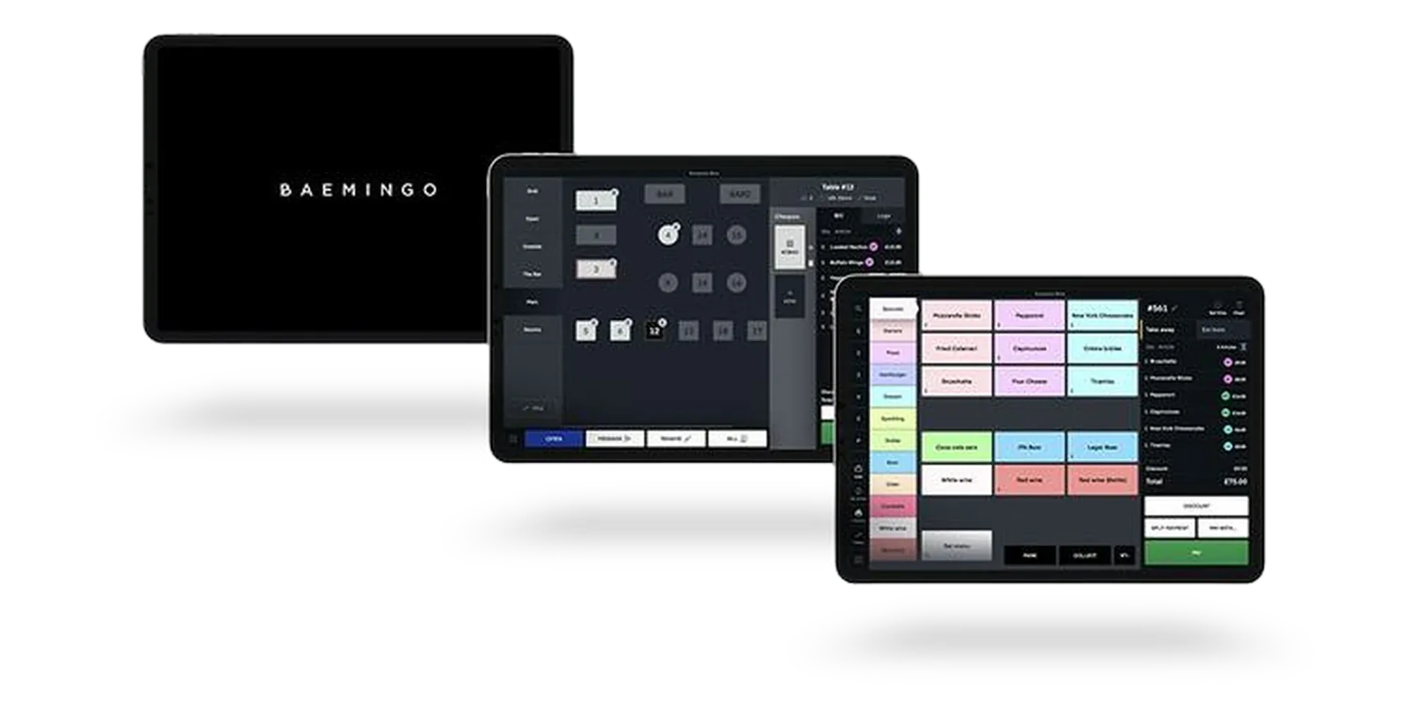 Three tablets with Baemingo: the start screen, table service with the floor plan, and the POS at the till with an order