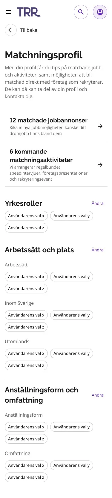 The created profile on a phone: matched jobs and activities at the top, then sections with chips and Change links