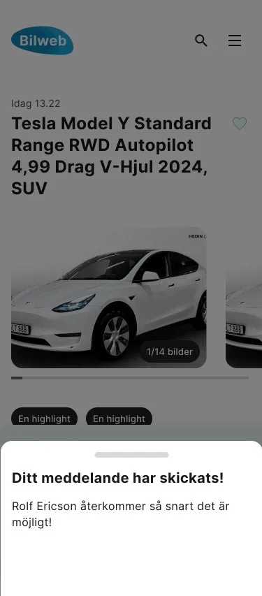A confirmation on mobile saying Your message has been sent, with the name of the dealer who will get back