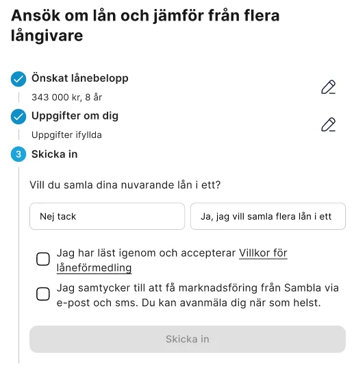 Step three open: both earlier steps folded into summaries; a question about collecting existing loans, two consent checkboxes and a Send button