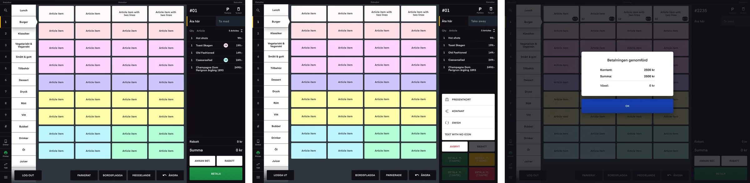 Three screens of the Baemingo POS for counter service: the article grid with categories and the order, the choice of payment method, and a completed cash payment
