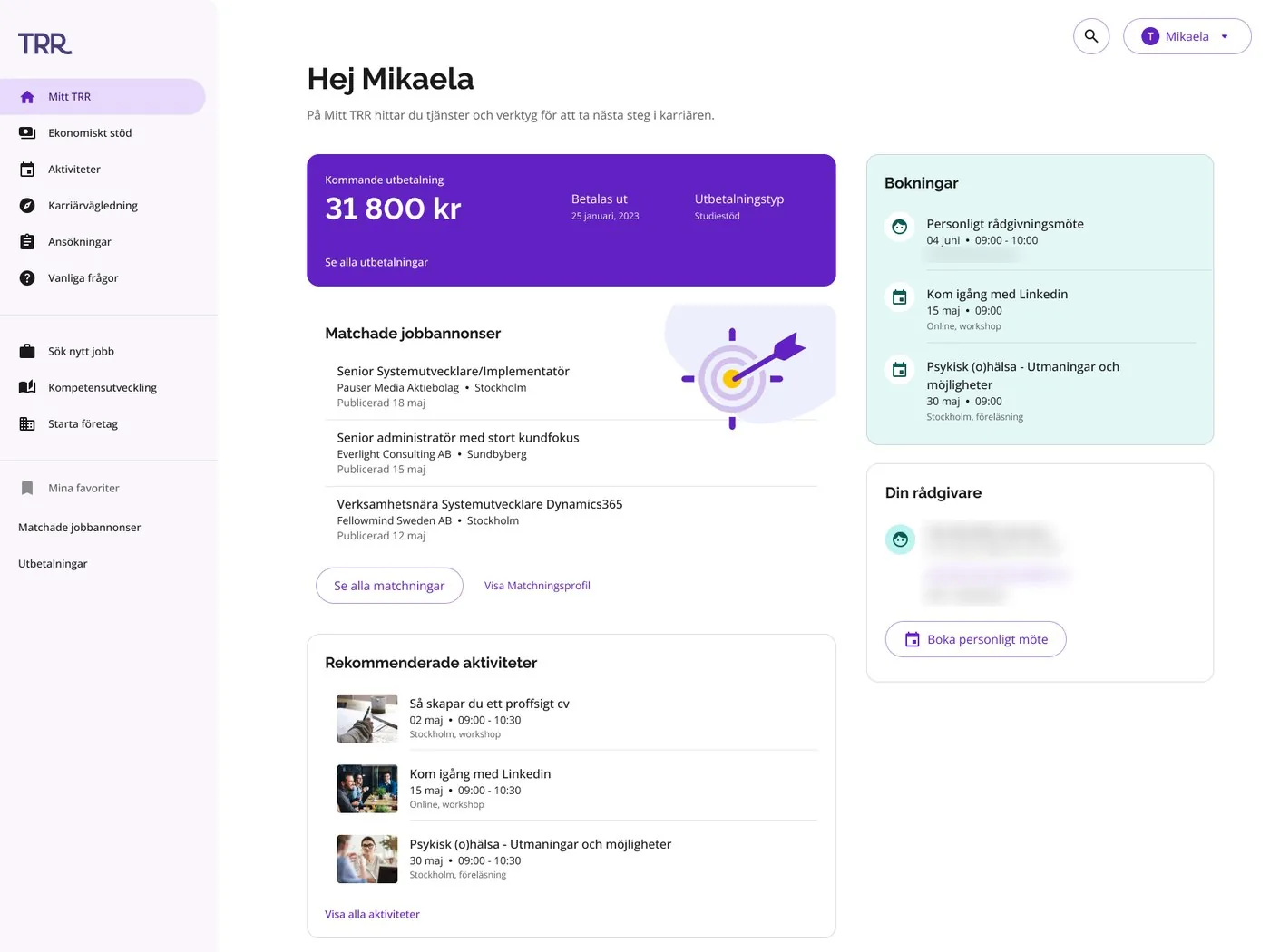 The start page when the profile is created: the same card now lists three matched job ads, with buttons to see all matches and to view the profile