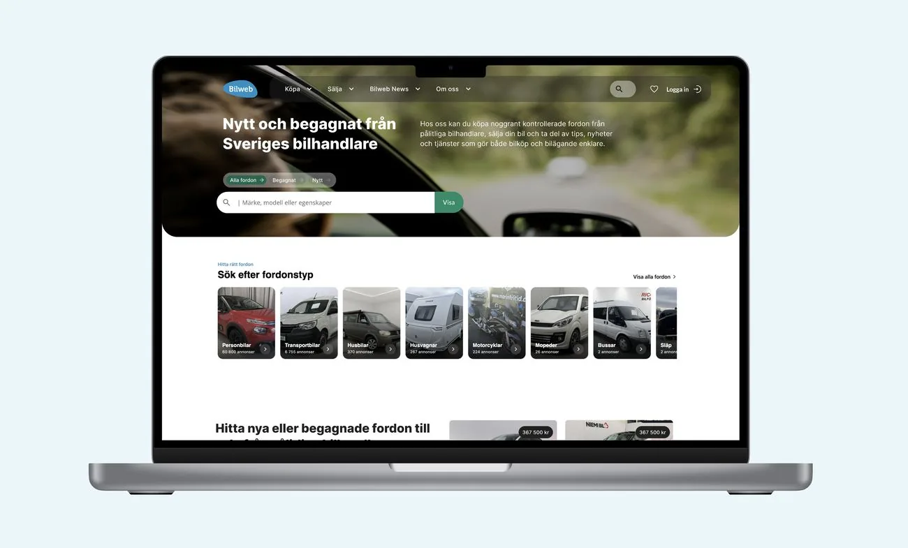 Bilwebben start page: a search field for make, model or features, and vehicle types to browse