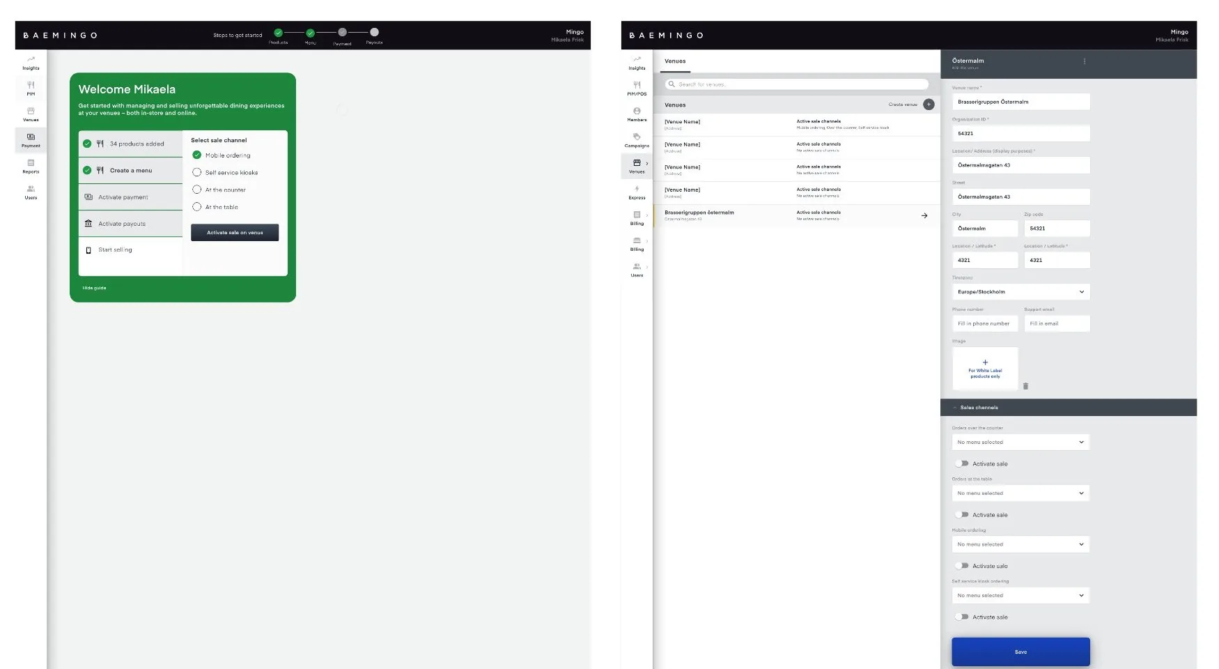 The guide with Select sale channel: public ordering, self-service kiosk, at the counter or at the table, and a venue form with sales channels to activate