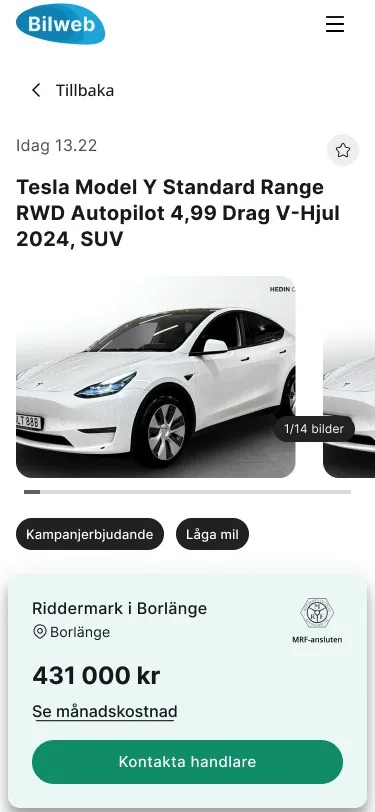 A listing on mobile: photos, a card with dealer, price and a green Contact dealer button, and vehicle information below