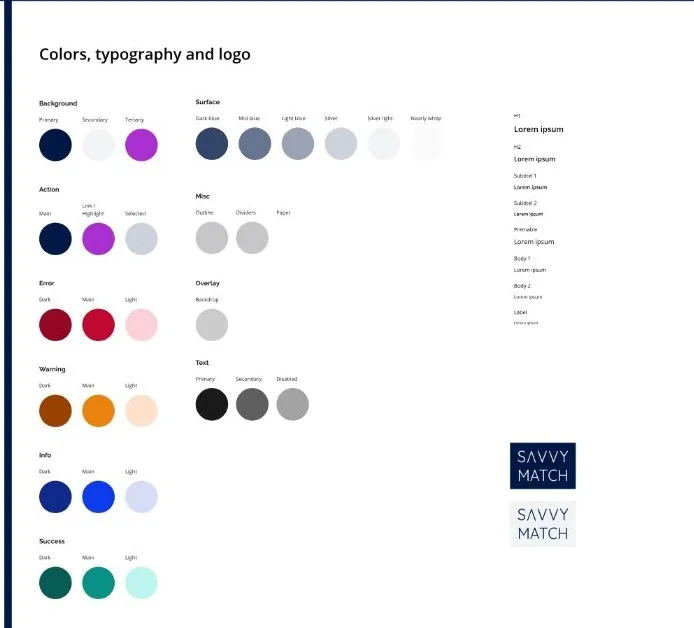 Colour palette for background, surface, action, error, warning, info, success and text, a type scale, and the Savvy Match logo in dark and light