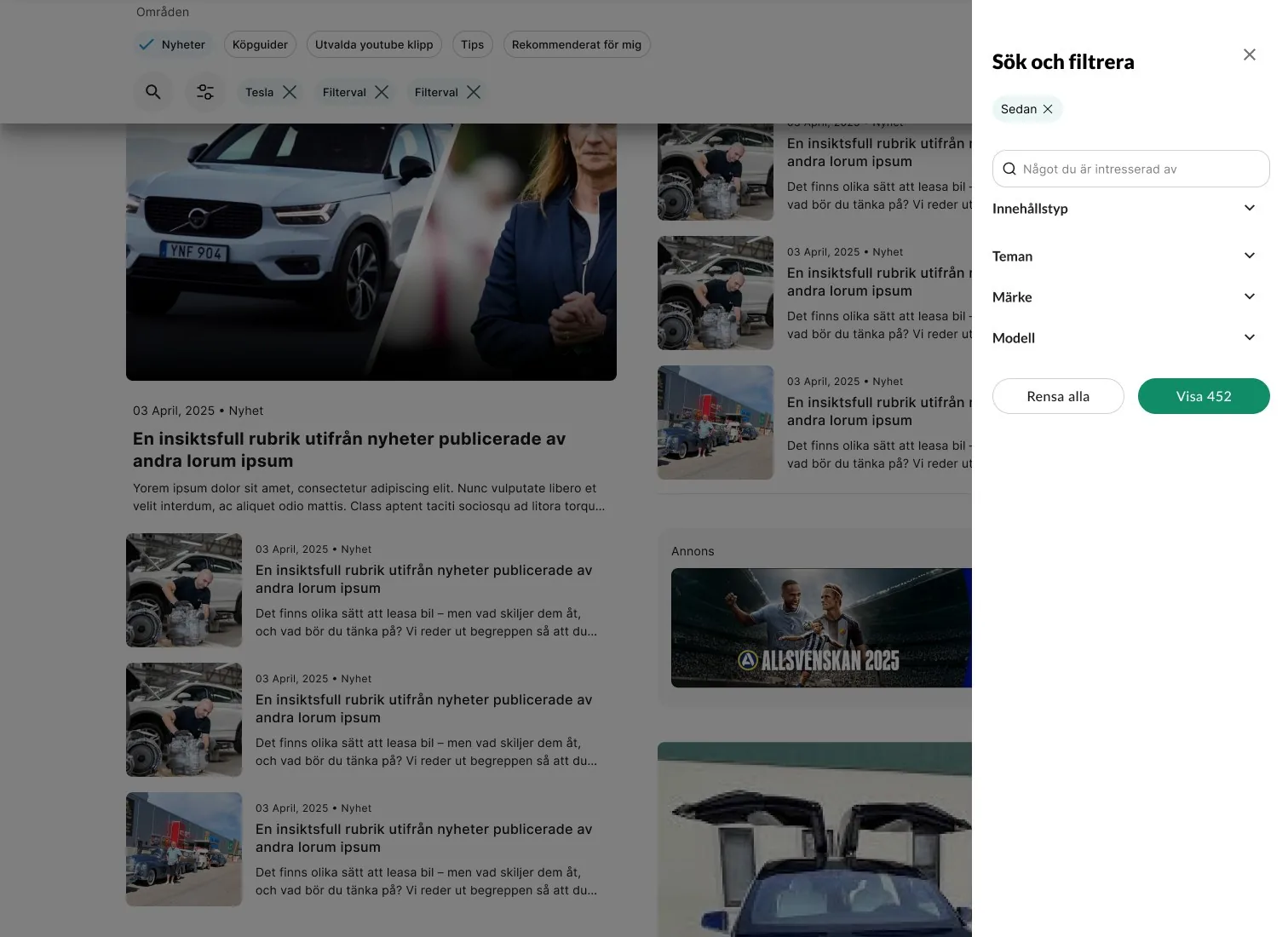 Bilweb News with articles in two columns and a Search and filter panel open on the right, with content type, themes, make and model