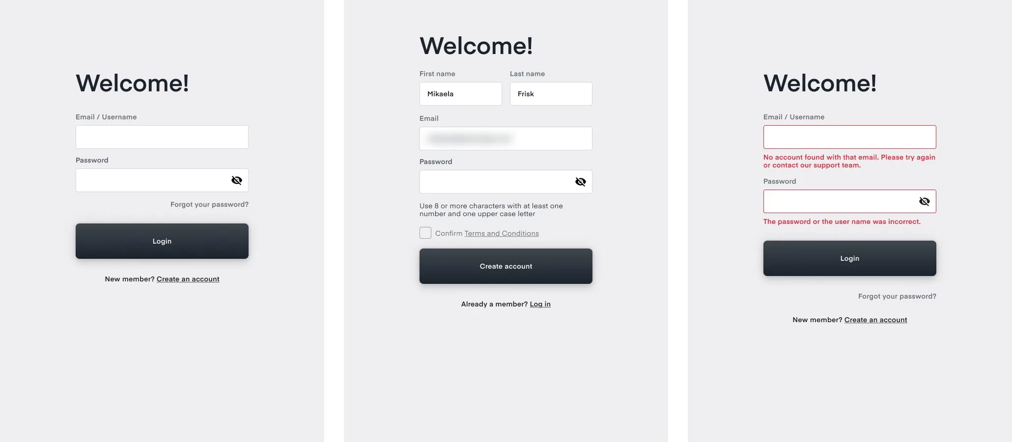 Three log-in screens: log in, create an account with a password rule and terms, and the log-in with error messages