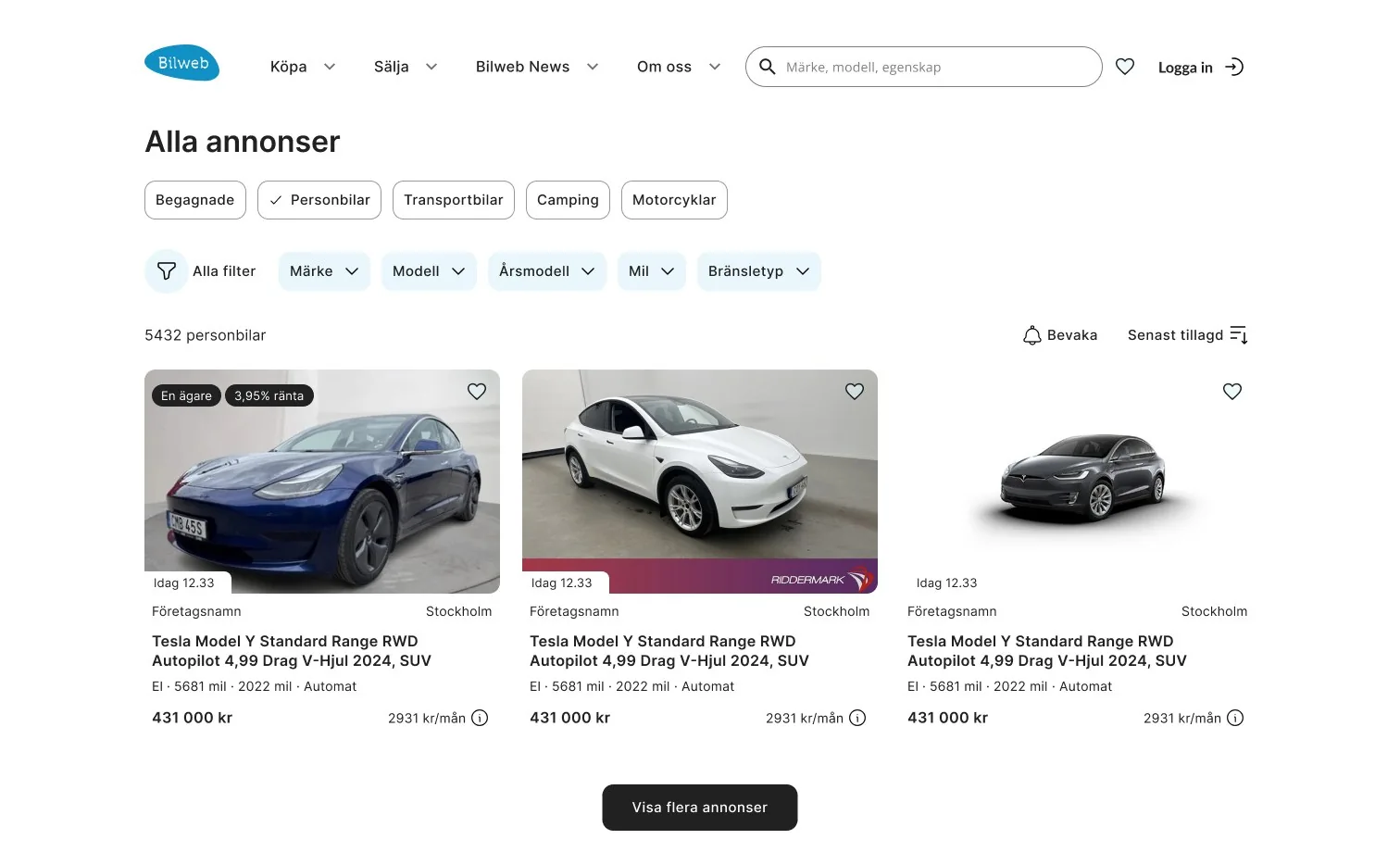 The search results page: vehicle type chips, a row of quick filters, the number of cars, and three vehicle cards with photo, dealer, model, key facts, price and monthly cost