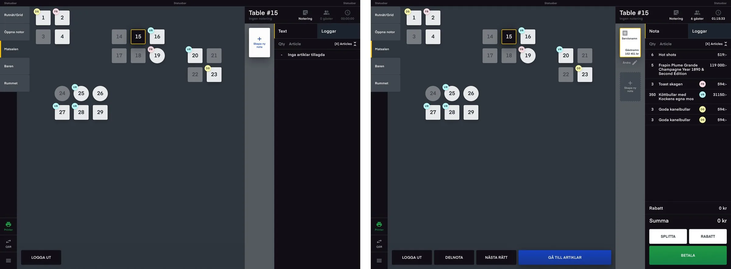 Two screens of the POS for table service: the floor plan with tables and their status, and a table with its bill