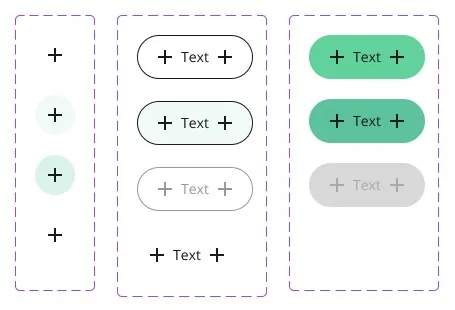 Button variants: icon buttons, outlined buttons and filled green buttons, each in default, hover and disabled states