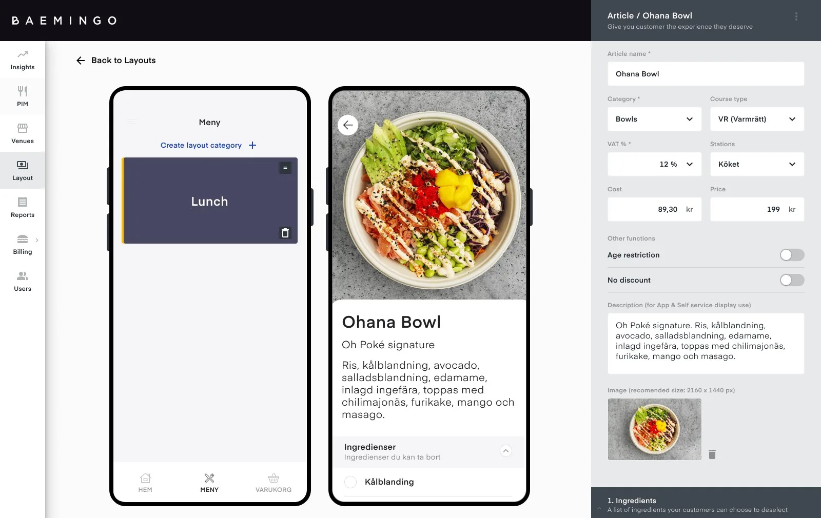 The detail view of Ohana Bowl as it looks in the ordering app, with the article panel on the right: name, category, VAT, cost, price, description and image