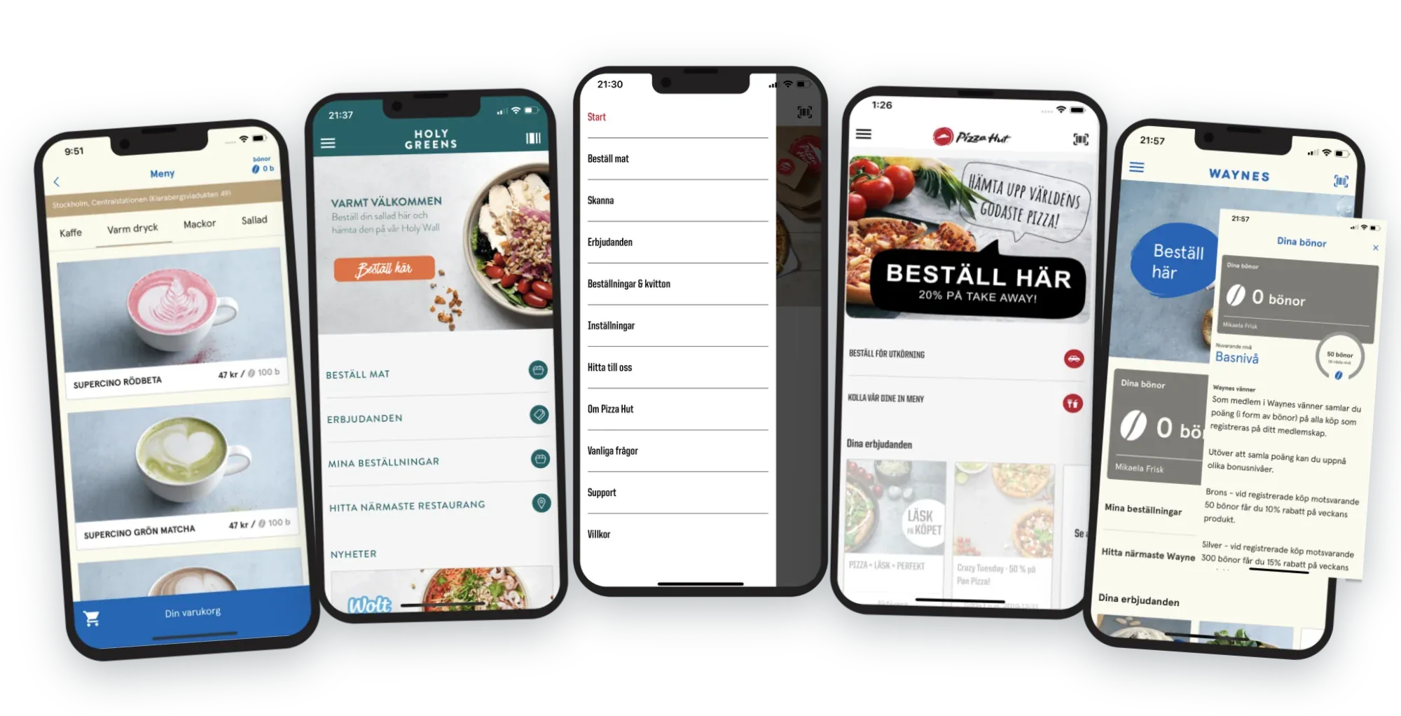 Five screens from the white-label ordering and loyalty app for different restaurant brands: a menu, two start screens, the side menu and the loyalty points