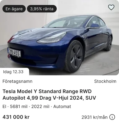Vehicle card for a Tesla Model Y with tags, dealer, key facts, price and monthly cost