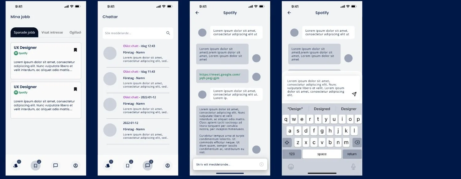 Four phone screens: saved jobs, a list of chats with companies, and a conversation with a company including a meeting link