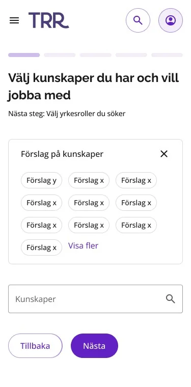 The Skills step on a phone: the progress bar, the heading, the suggestion chips wrapping onto four rows and the search field