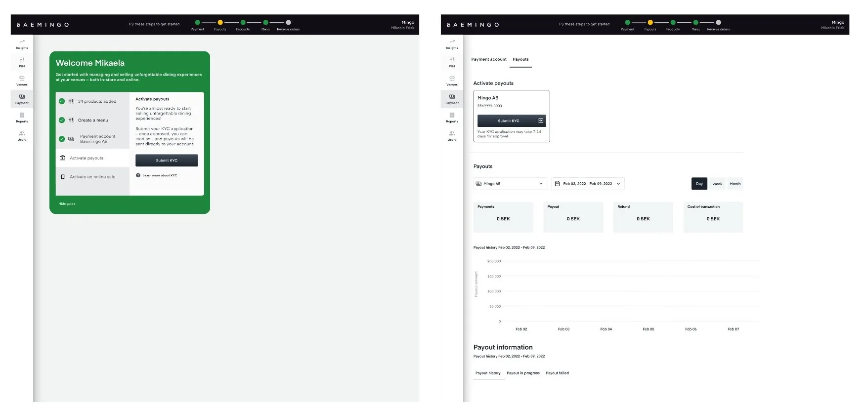 The guide with the payment step, and the payments page with payment account and payouts