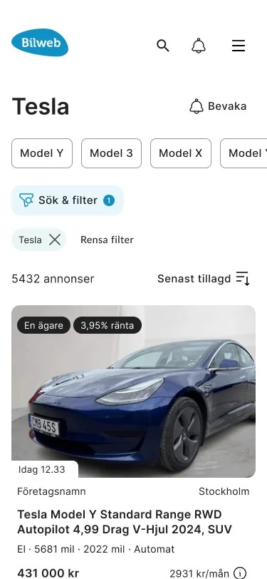 Search results on mobile: model chips, a Search and filter button with one active filter, the number of listings and a vehicle card