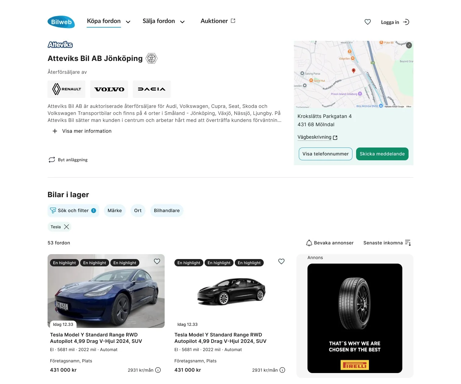 A dealer page: the dealer’s name, brands, a map with address and two buttons, then the cars in stock with the same filters and vehicle cards as the search results