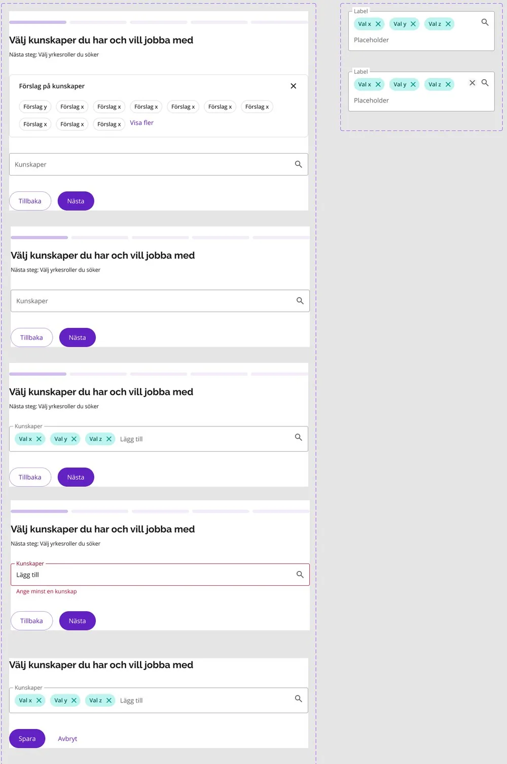 The Skills step drawn in five states: with suggestions, without suggestions, with choices made, with an error message, and in edit mode with Save and Cancel