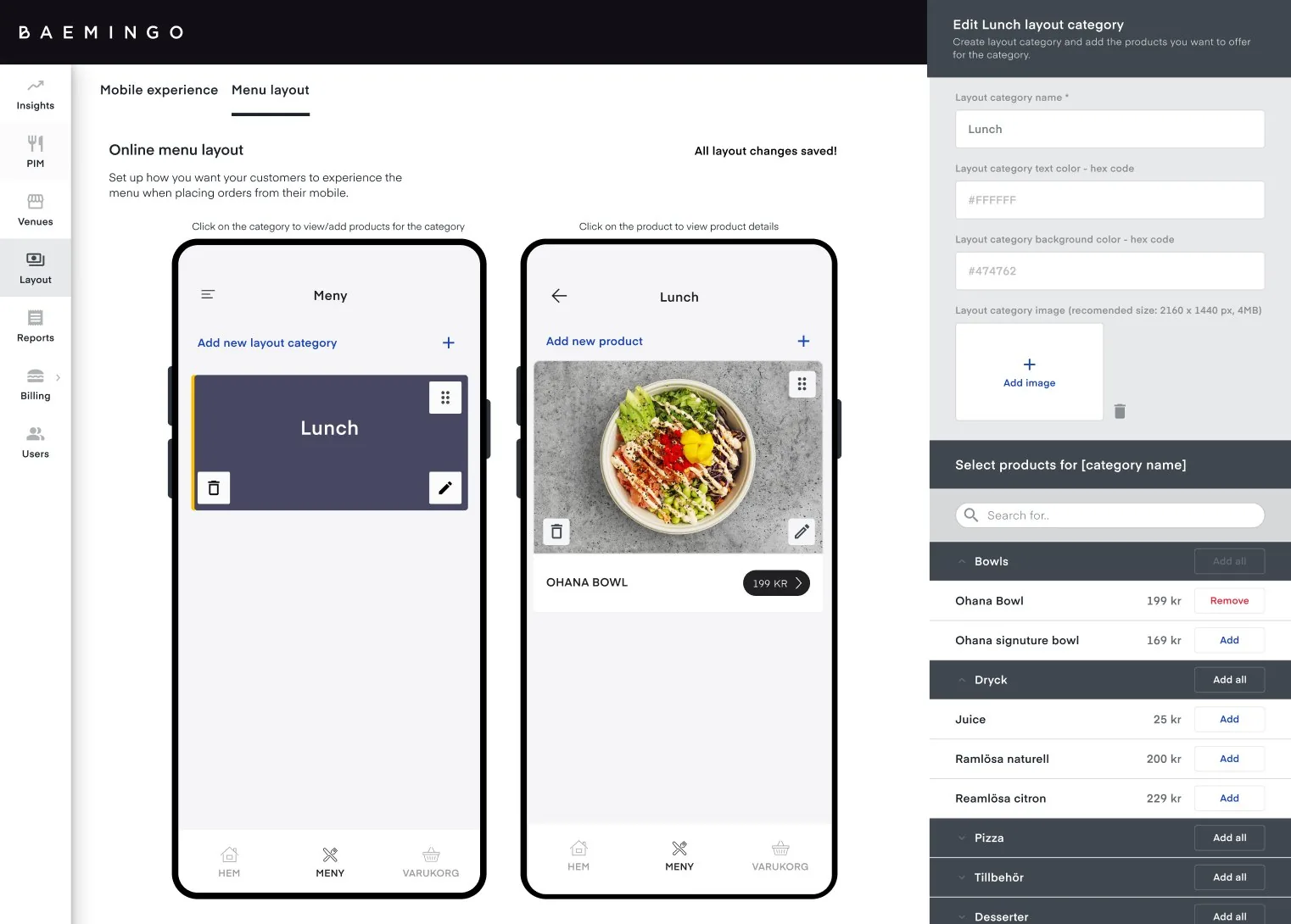The first version of the builder: two phone previews with the Lunch category and Ohana Bowl, and a panel to edit the category and select products