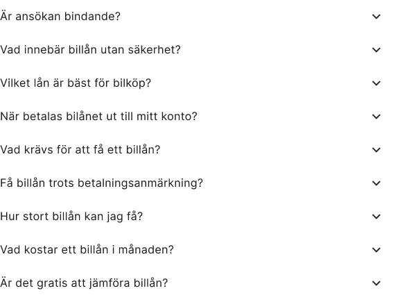 A list of nine questions, each with an arrow to open it