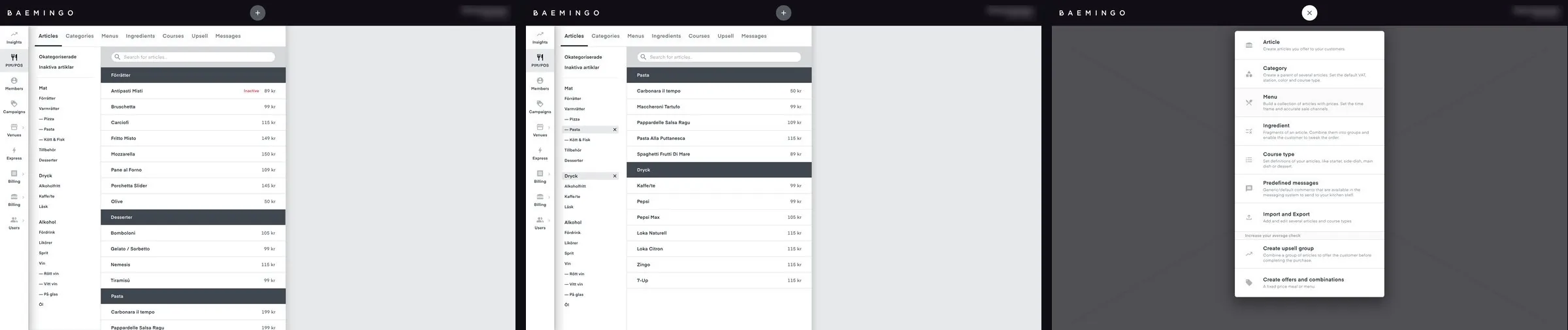 Three screens of the Baemingo back office: the article list grouped by category, the same list filtered on two categories, and the menu for creating articles, categories, menus, ingredients, course types, messages, upsell groups and offers