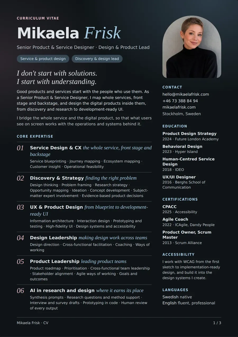 The first page of my CV, in the same colours and typefaces as the site
