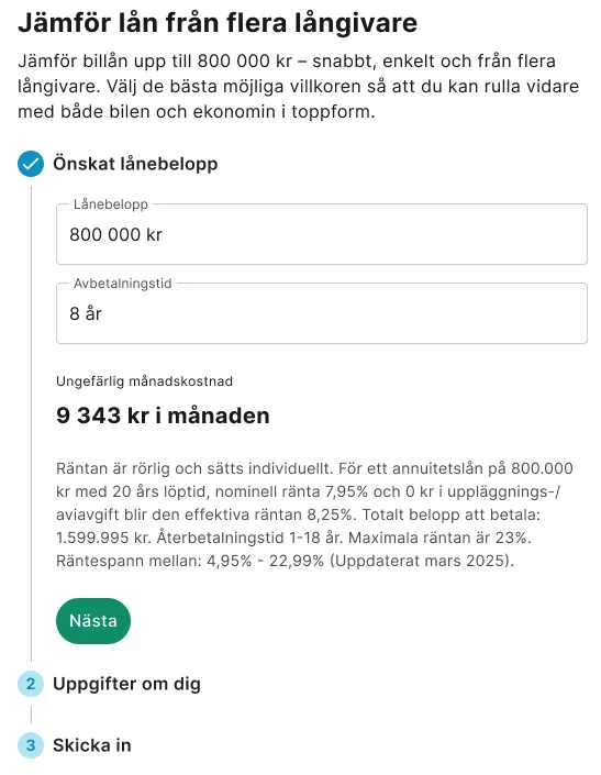 The own design, step one: desired loan amount and repayment time, the monthly cost in large type, a green Next button, and steps two and three listed below