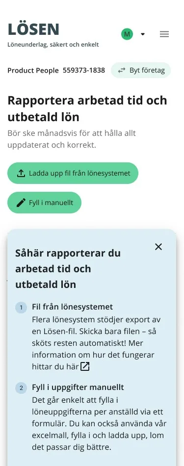 The overview on a phone: the two report buttons stacked, and a blue help panel explaining the two ways to report