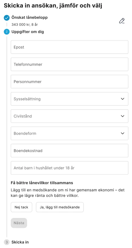 Step two open: step one folded into the line 343 000 kr, 8 years with an edit pencil; fields for contact details, employment and housing; a co-applicant question with two buttons