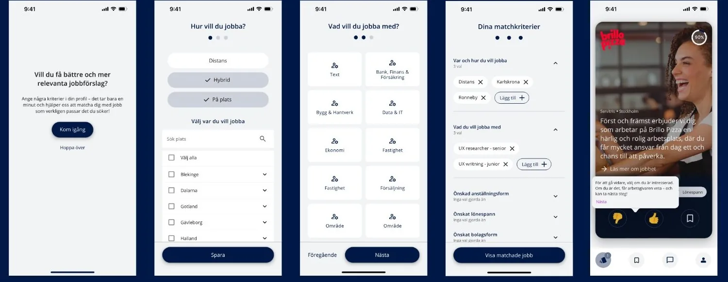 Five phone screens: an invitation to set criteria for better job suggestions, how you want to work and where, which fields interest you, a summary of matching criteria as chips, and the first matched job