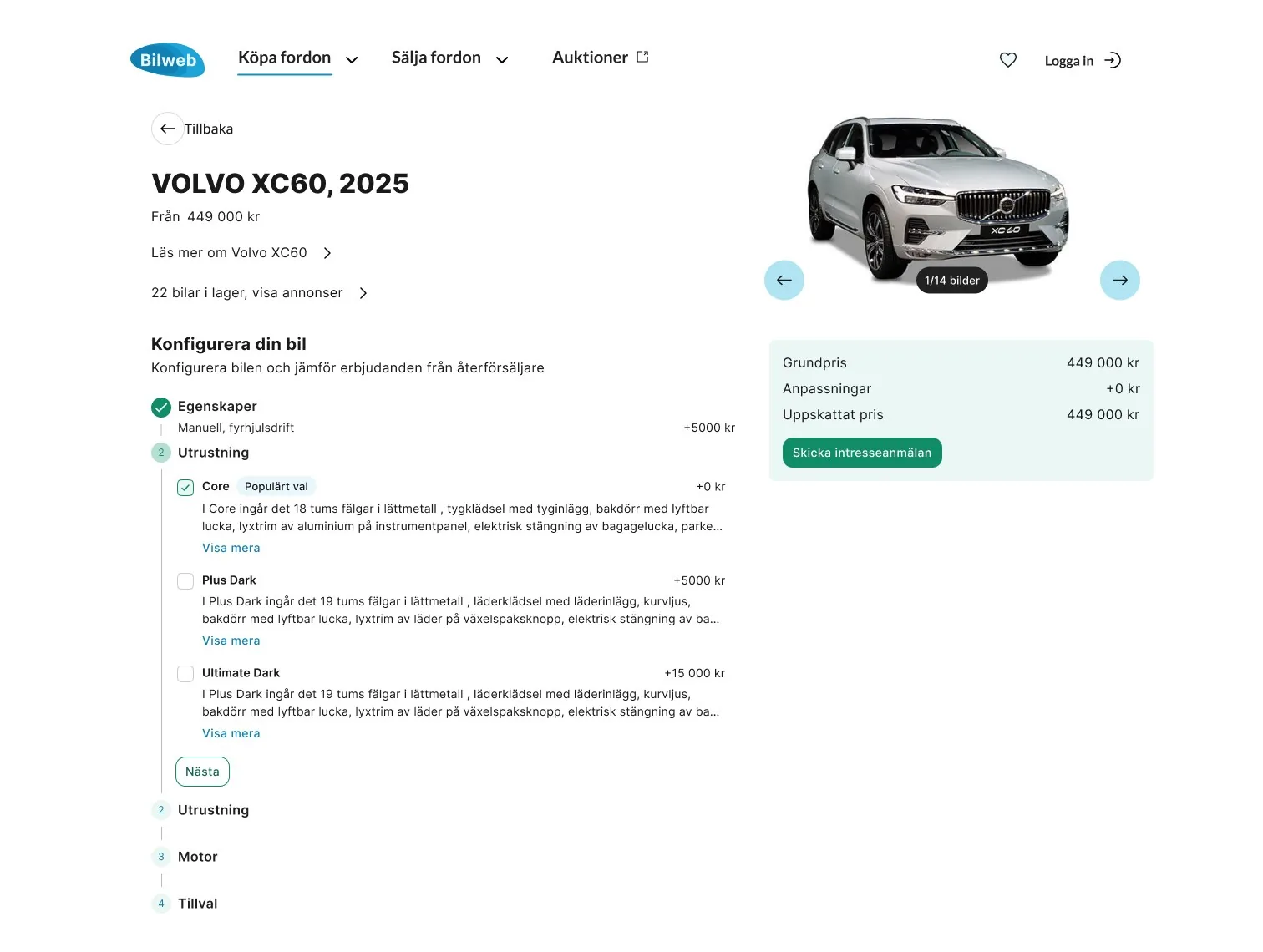 The new-car configurator for a Volvo XC60: numbered steps for features, equipment, engine and options on the left, and a price summary with a Send expression of interest button on the right