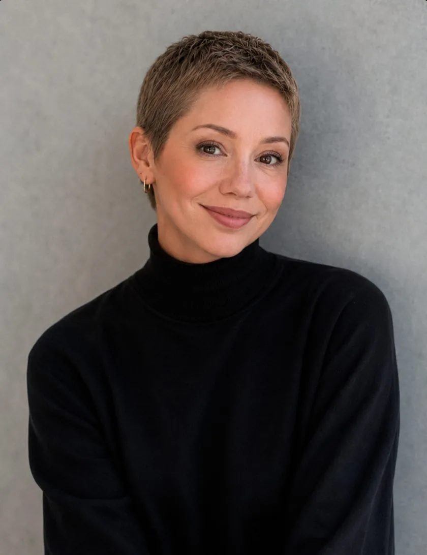Mikaela Frisk smiling, in a black turtleneck against a grey wall