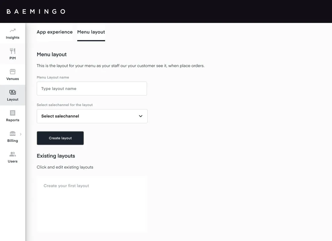 The first version of the Menu layout page: a layout name, a sales channel and a Create layout button, with an empty list of existing layouts